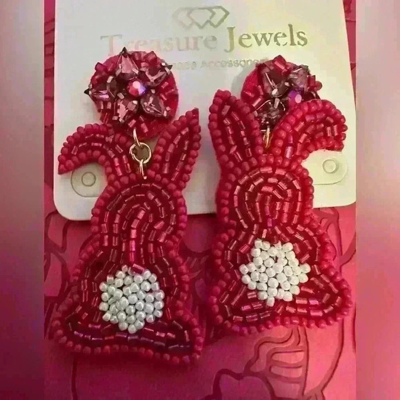 Hand Beaded Pink Bunny Earrings - Picture 7 of 7